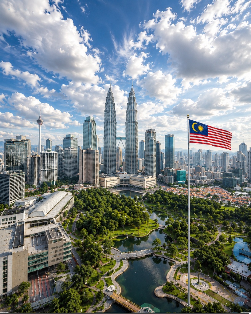 Kuala Lumpur skyline with the Petronas Towers and the Malaysian flag at sunset