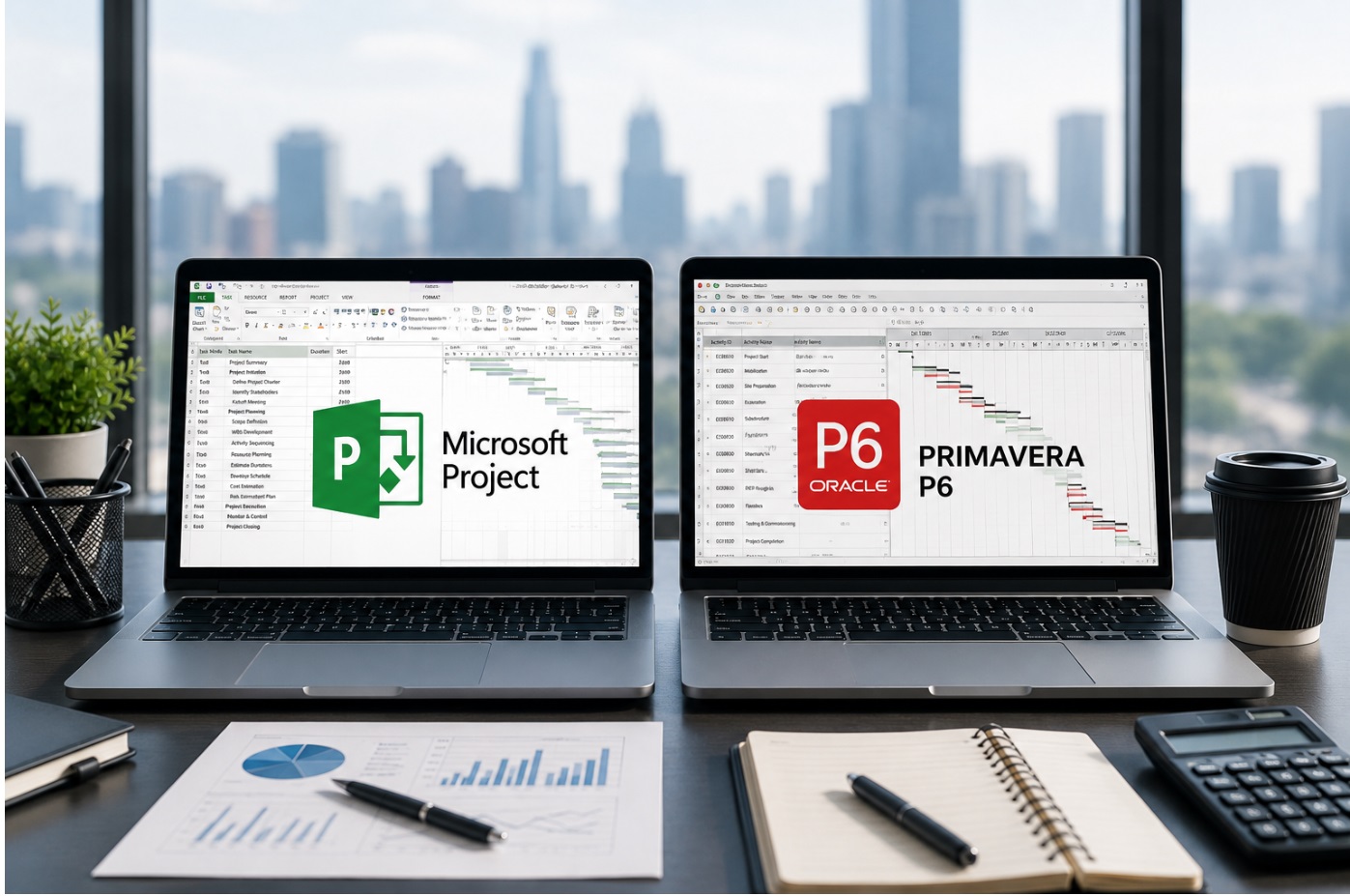 Project scheduling on laptop with planning notes